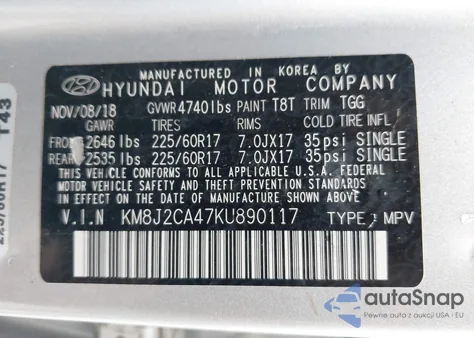 2019 Hyundai Tucson Se z USA, uszkodzony, nr VIN KM8J2CA47KU890117